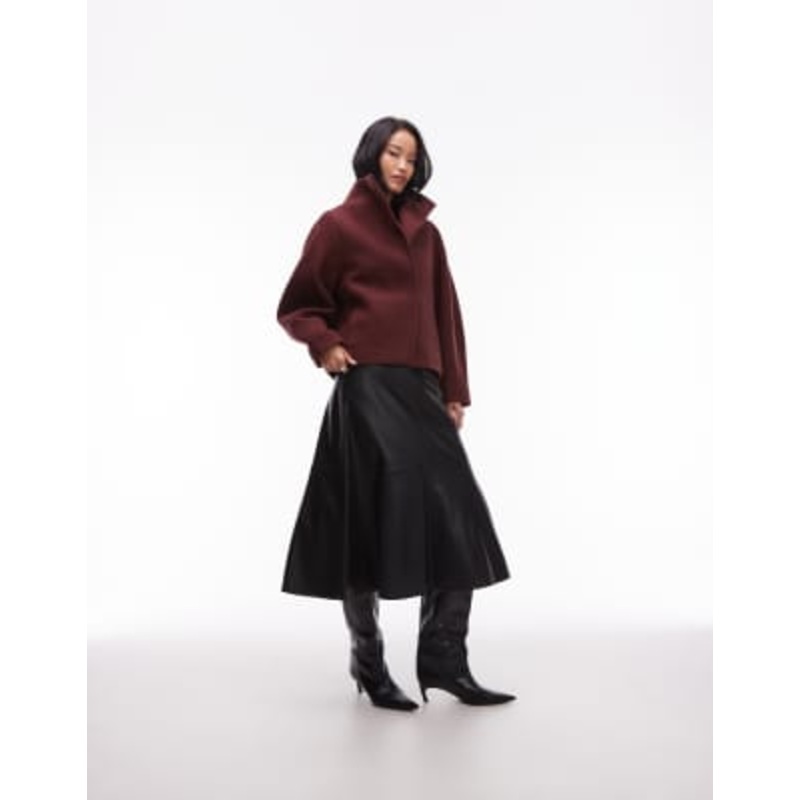 & Other Stories wool mock neck short jacket in burgundy dark red