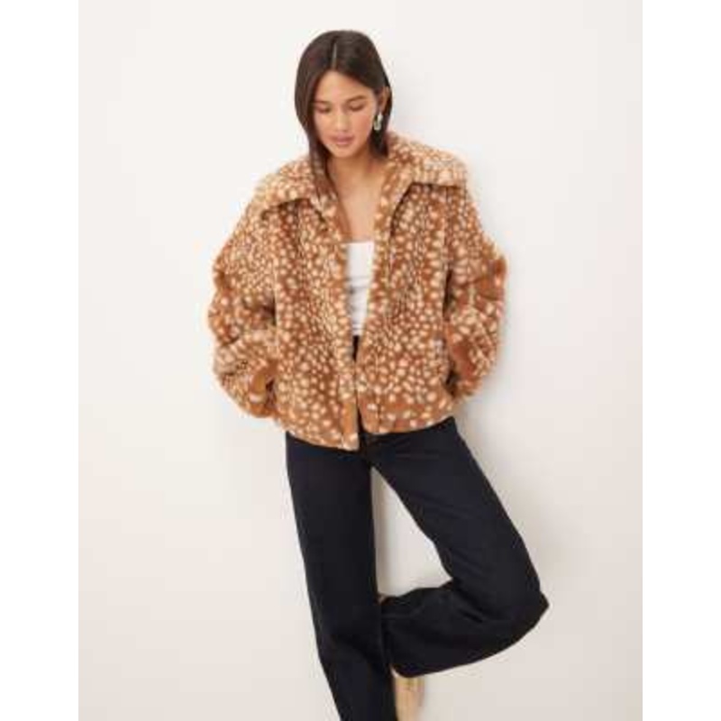 Threadbare faux fur jacket with oversized collar in tan deer print