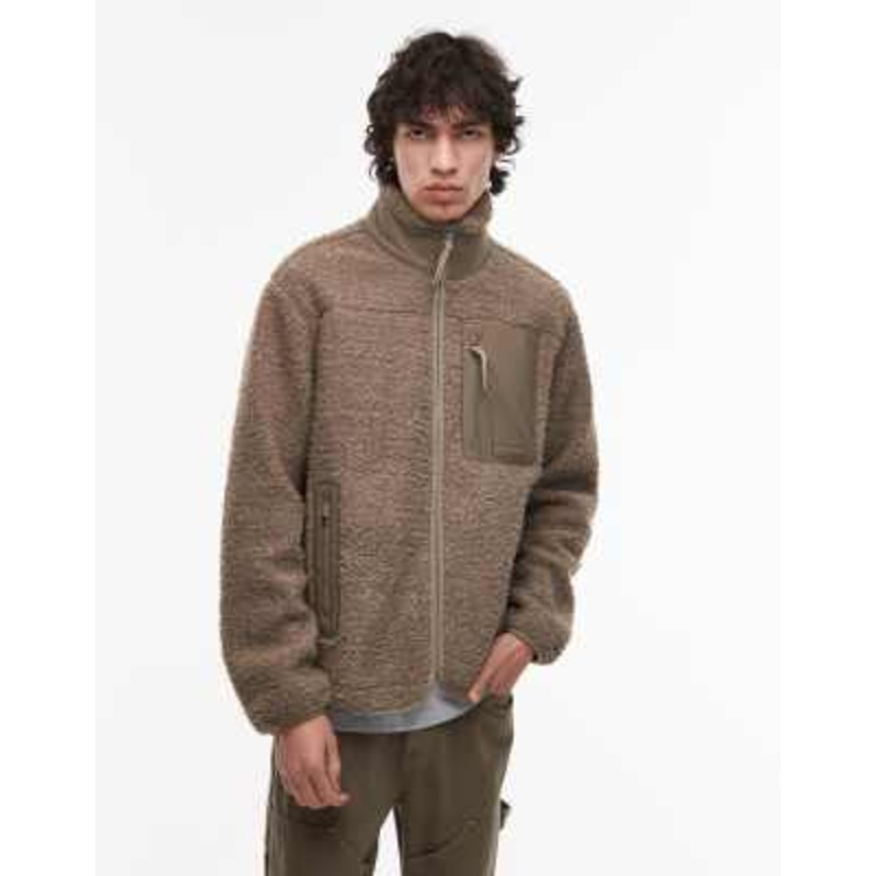 Tommy Hilfiger teddy fleece zip through jacket in taupe