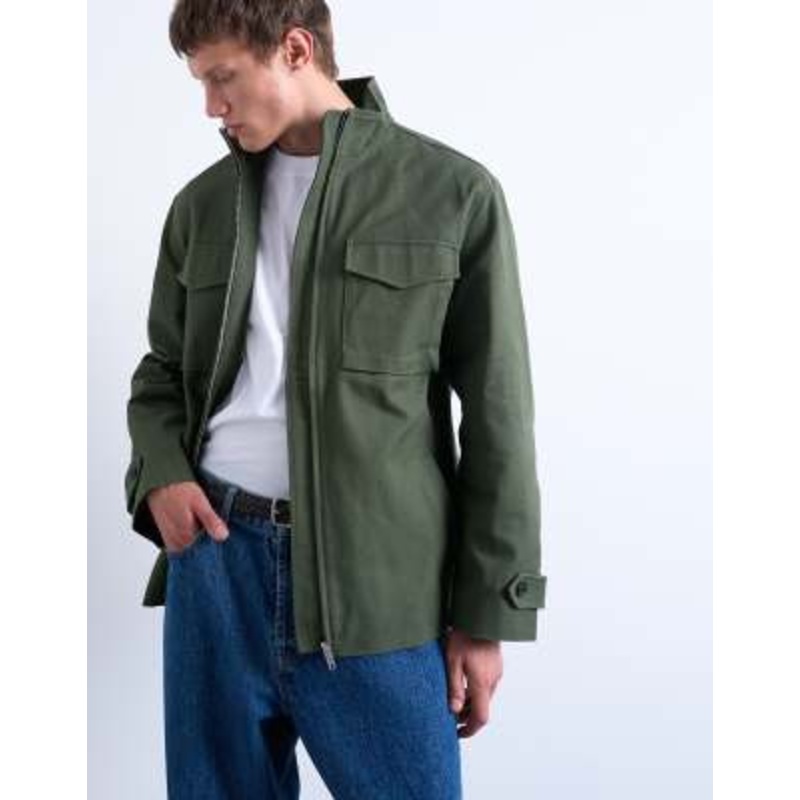 Topman double pocket canvas jacket in green