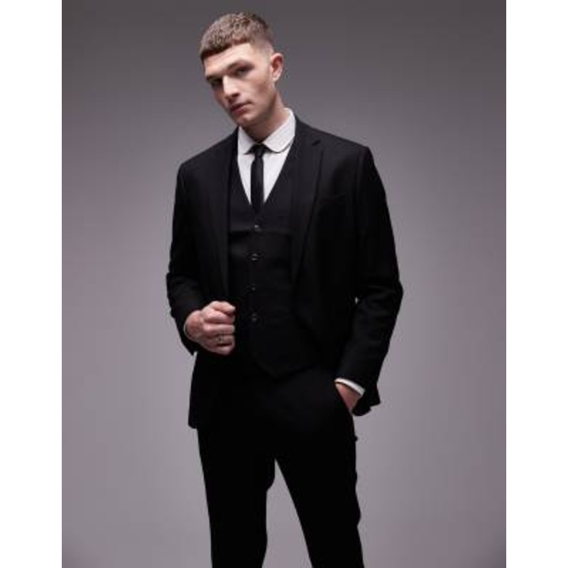 Topman stretch slim textured suit jacket in black