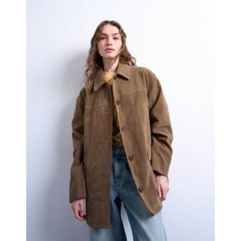 Topshop boxy mid length high break faux suede jacket in brown