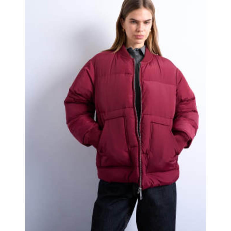 Topshop clean ribbed collar puffer jacket in burgundy