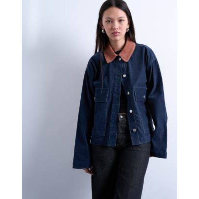 Topshop cut corduroy jacket with contrast corduroy collar in navy