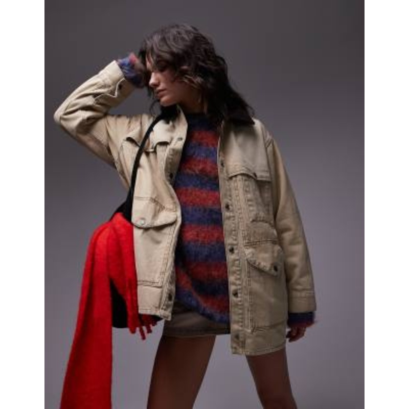 Topshop denim barn jacket with cord collar in beige