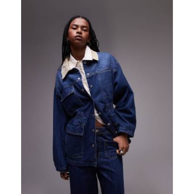 Topshop denim elasticated waist barn jacket with cord collar in mid blue