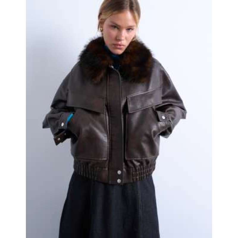Topshop faux leather boxy zip up pocketed bomber jacket with detachable faux fur collar in washed brown