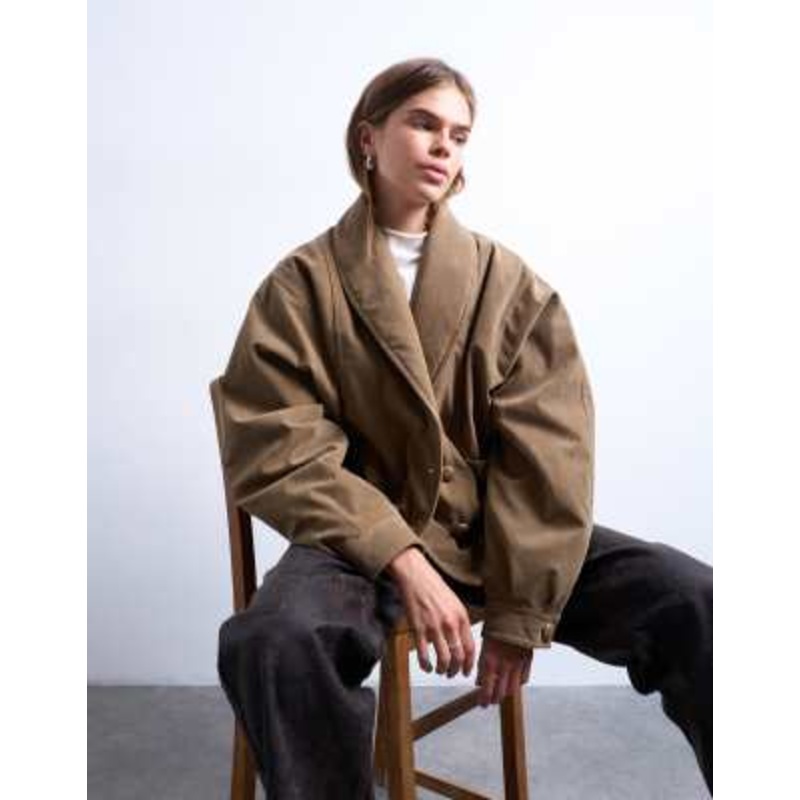 Topshop faux suede shawl collar bomber jacket in tan