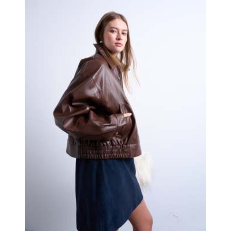 Topshop oversized faux leather dropped shoulders cropped zip up jacket in chocolate