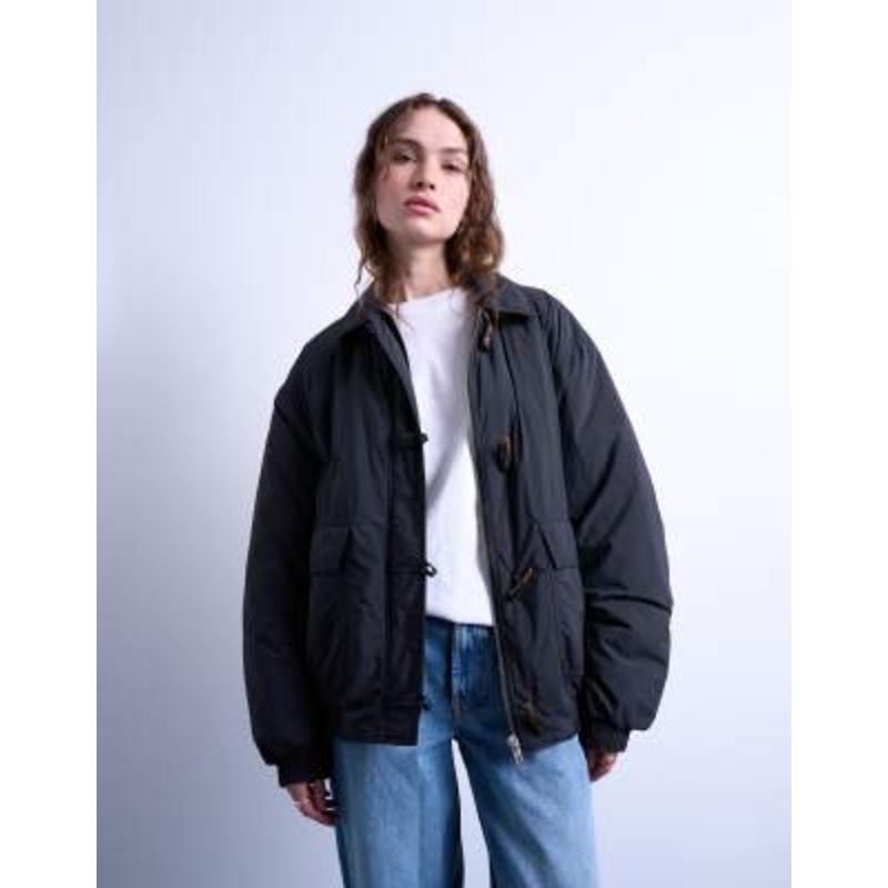 Topshop oversized padded hybrid toggle bomber jacket in black