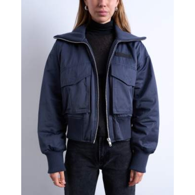 Topshop ribbed wide collar short bomber jacket in navy