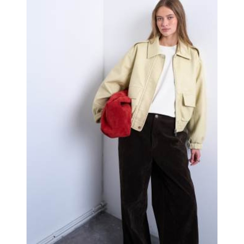 Topshop short bubble faux leather bomber jacket in buttermilk