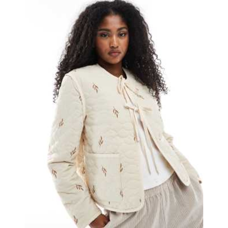 Vero Moda tie front quilted jacket in cream