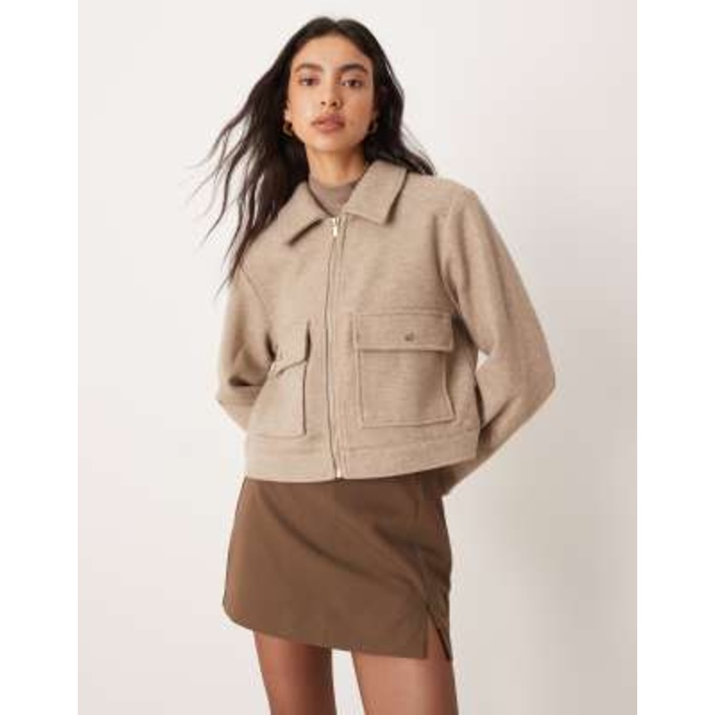 Vila short faux wool jacket with exaggerated pockets in light brown