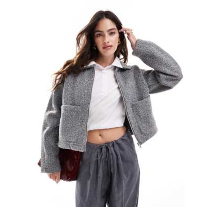 Vila zip front wool look bomber jacket in medium gray melange