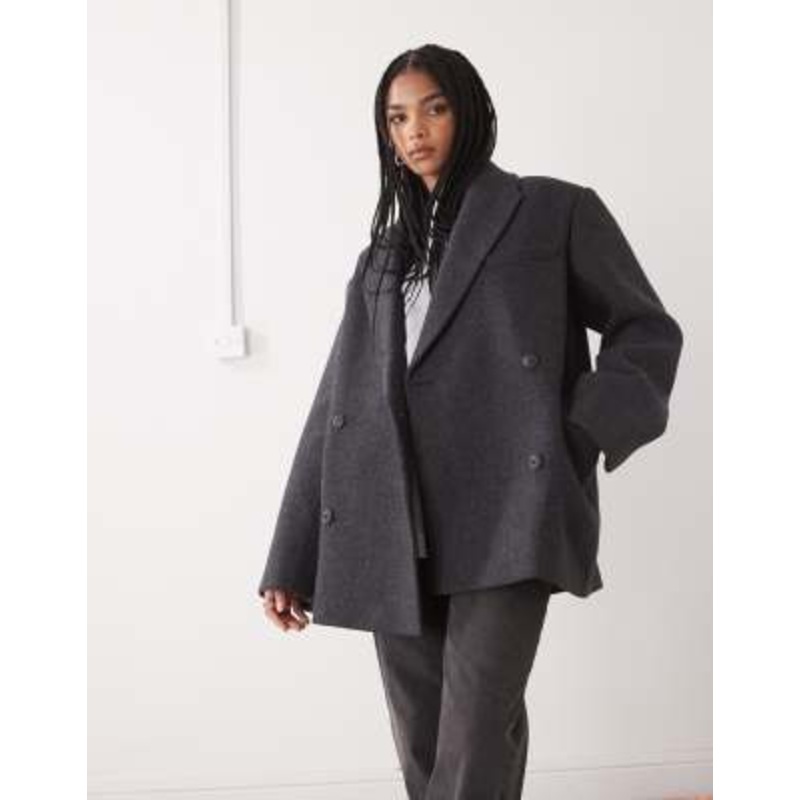 Weekday wool look oversized double breasted blazer jacket in dark gray herringbone