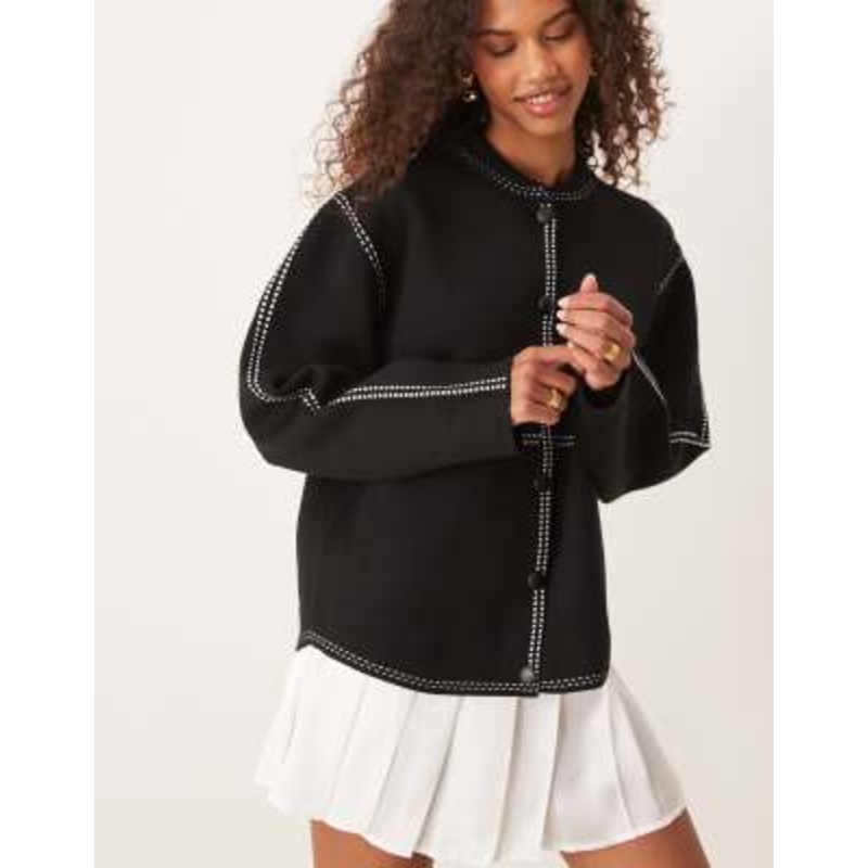 YAS contrast stitch knit bomber jacket in black