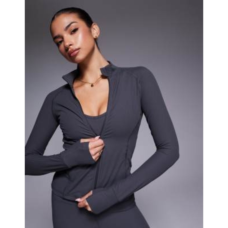 4505 soft touch ribbed sculpting zip up long sleeve jacket in dark gray
