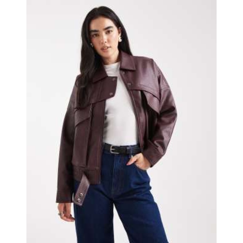 4th & Reckless grained faux leather pocket detail bomber jacket in burgundy