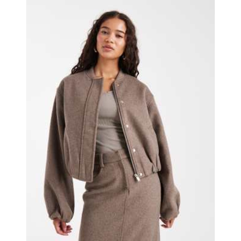 4th & Reckless wool blend soft tailored collarless balloon sleeve bomber jacket in mocha – part of a set