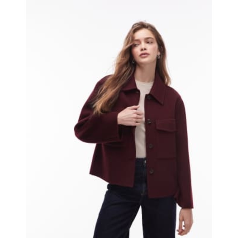 ARKET double layer wool jacket with button front and front pockets in burgundy