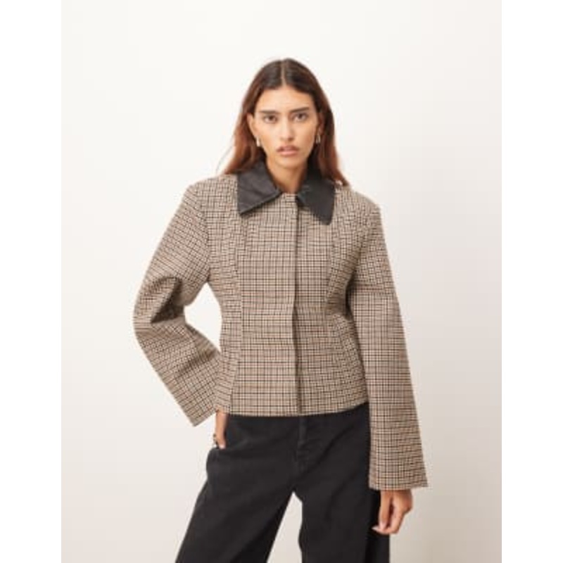 ARRANGE structured jacket with contrast leather collar in brown