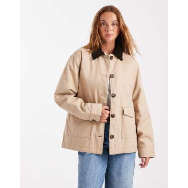 Brave Soul canvas barn jacket with corduroy collar in stone