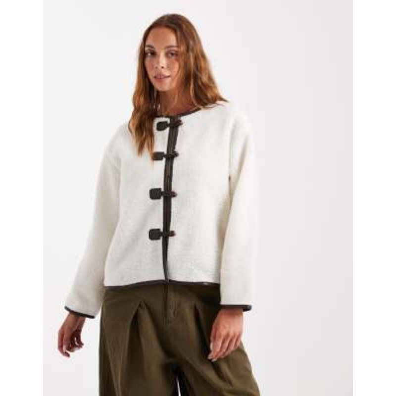Brave Soul teddy collarless jacket with toggle closures in cream