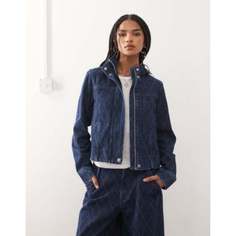COLLUSION denim hooded argyle print jacket in rinse wash