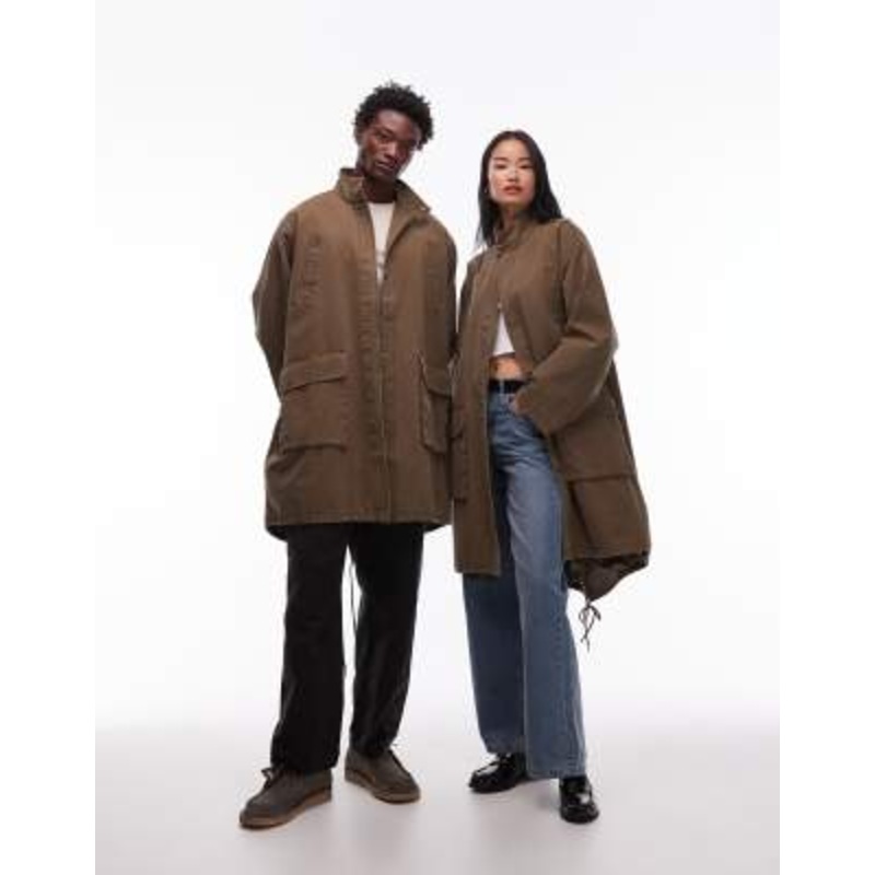 COLLUSION Unisex longline barn jacket in khaki
