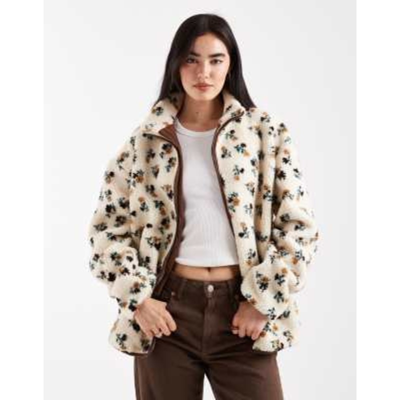 Daisy Street zip up printed borg jacket with contrast brown binding in cream ditsy