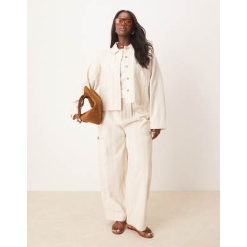 DESIGN Curve cotton barrel leg pants and jacket with pocket detail set in ecru stripe