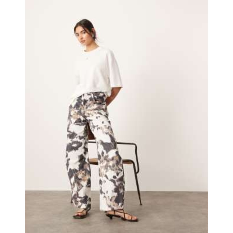 EDITION denim bomber jacket and barrel leg jeans set in green and white stripe