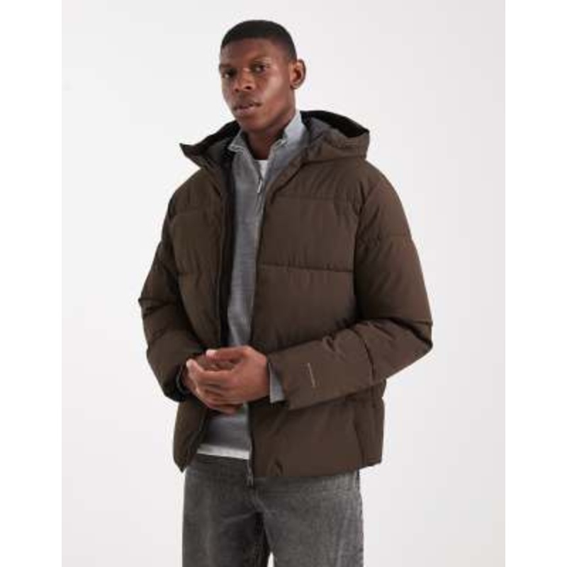Jack & Jones hooded puffer jacket in brown