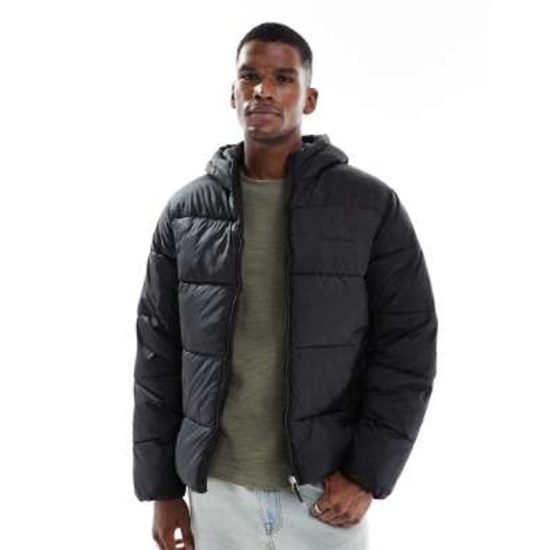Jack & Jones hooded puffer jacket with sheen in black