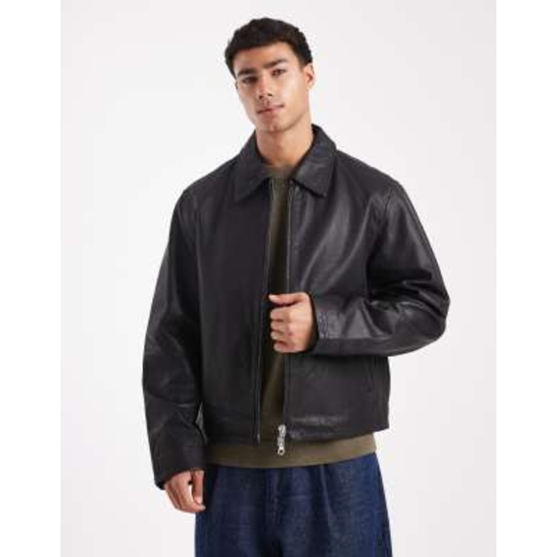 Jack & Jones leather harrington jacket with double zipper in black