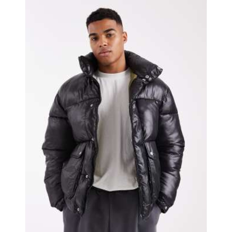 Jack & Jones puffer jacket with hi-shine in black