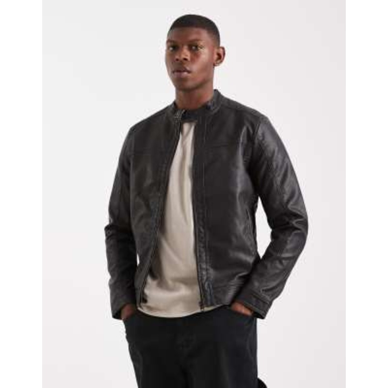 Jack & Jones washed black faux leather racer jacket