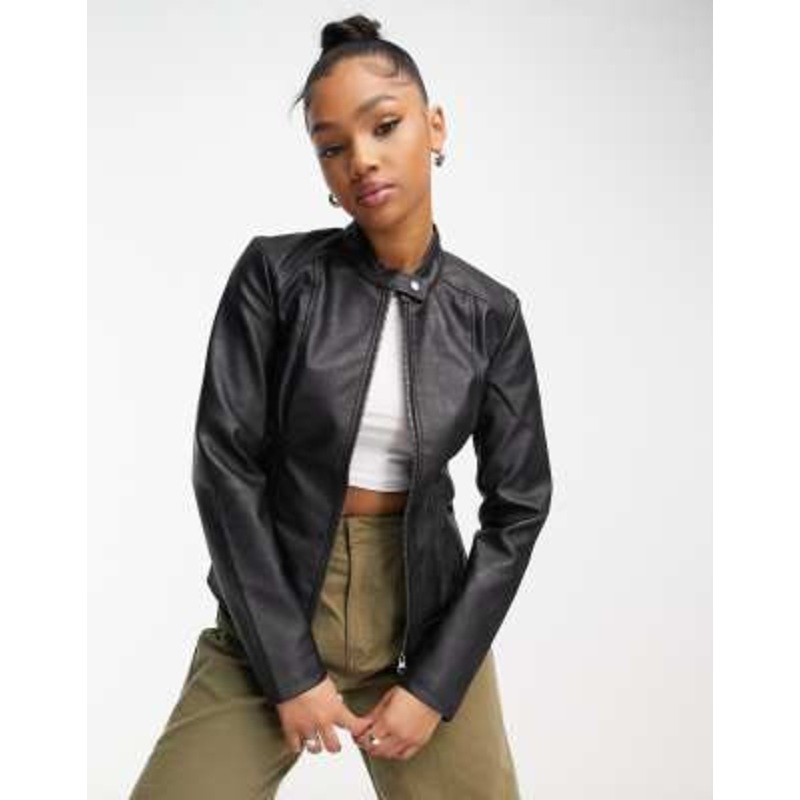 JDY collarless faux leather jacket in black