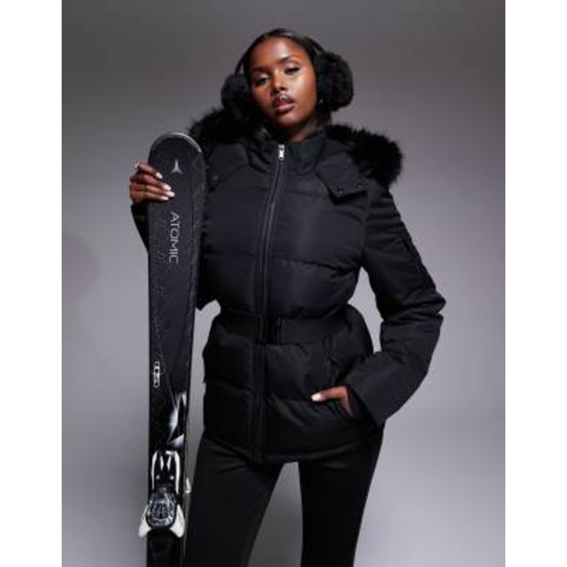 Threadbare Ski puffer jacket with faux fur collar in black