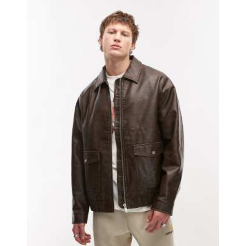 Topman faux leather A2 jacket in brown
