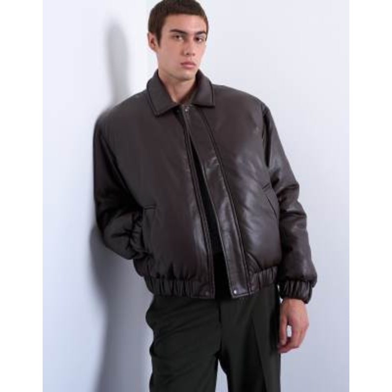 Topman faux leather puffer jacket in chocolate