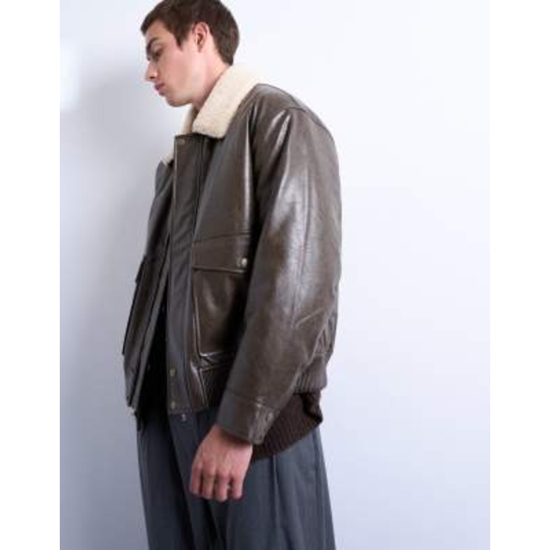 Topman faux leather teddy collar washed jacket in chocolate