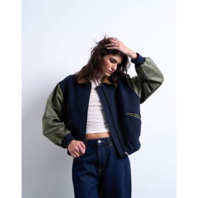 Topshop contrast suede varsity bomber jacket in multi