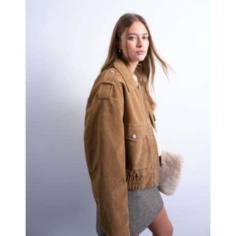 Topshop cropped faux suede bomber jacket with snap details in camel