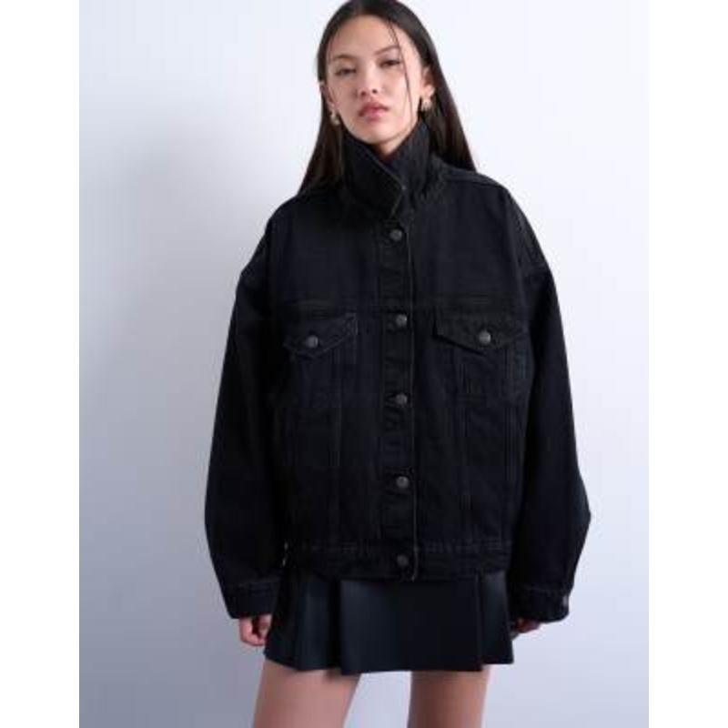 Topshop denim balloon sleeve oversized jacket in washed black
