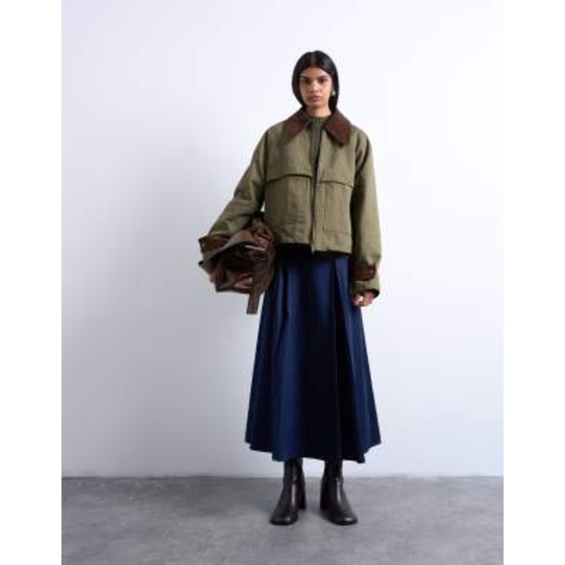 Topshop denim padded barn jacket with contrast cord collar in khaki