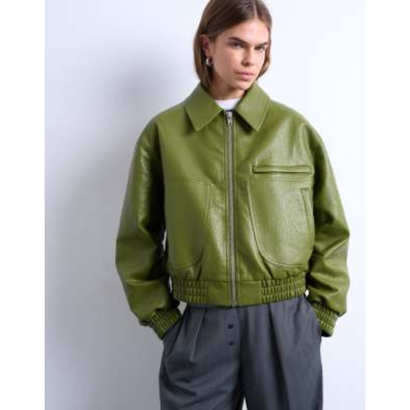 Topshop faux bubble leather cropped bomber jacket in green