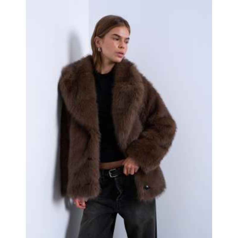 Topshop faux fur short jacket with buttons in chocolate