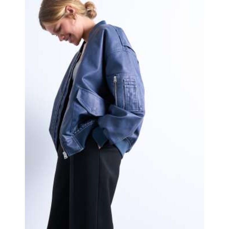 Topshop faux leather washed MA1 bomber jacket in denim blue